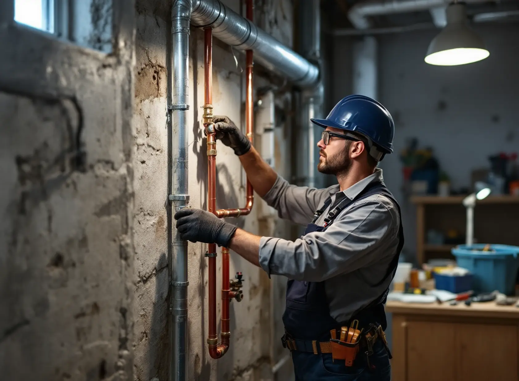 Licensed plumber performing basement repiping in Sacramento with new PEX tubing and tools.