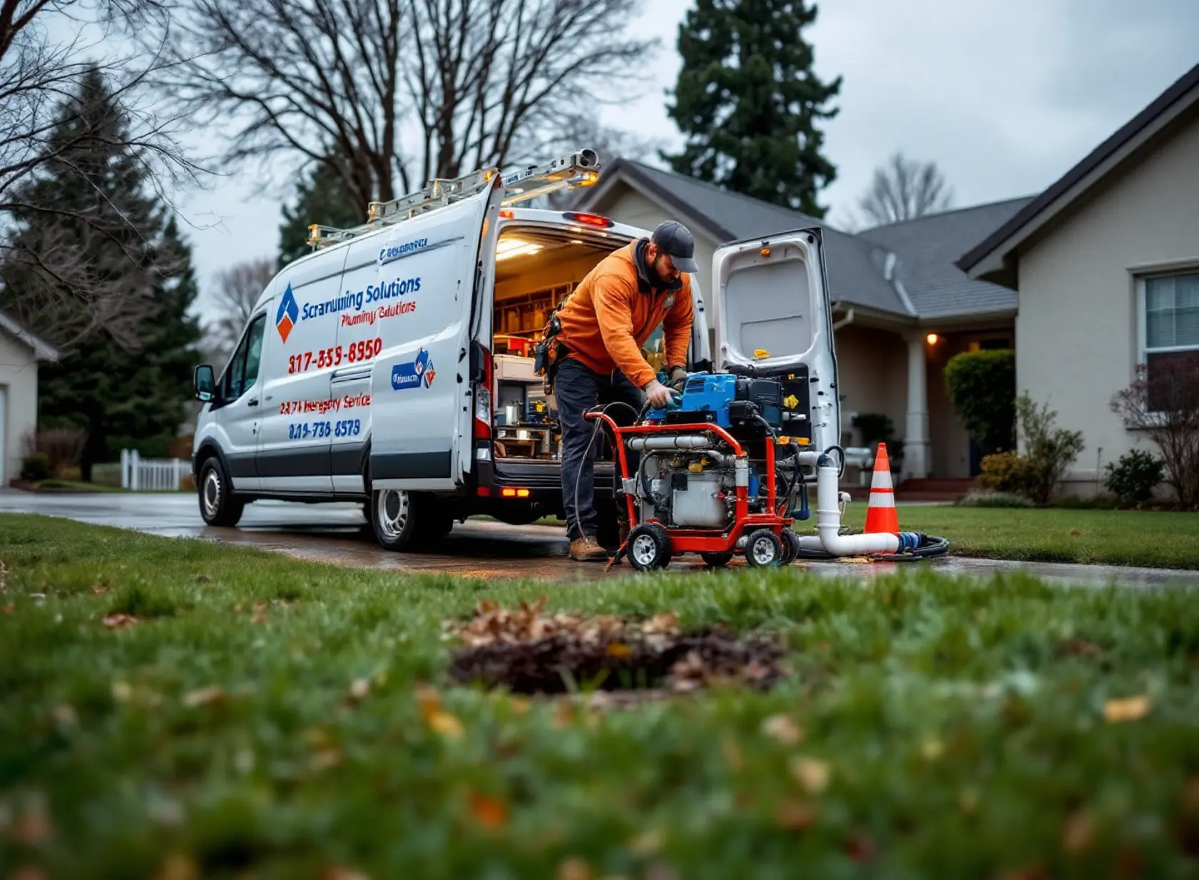 Plumber performing emergency trenchless repair on suburban Sacramento home during winter.