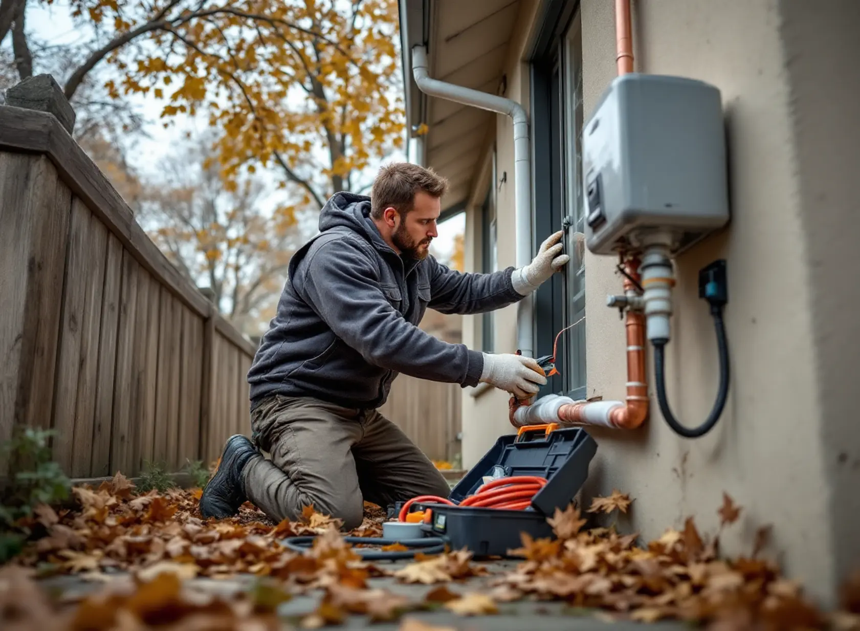 Technician winterizing ADU plumbing in Sacramento with pipe insulation and hose bib cover.