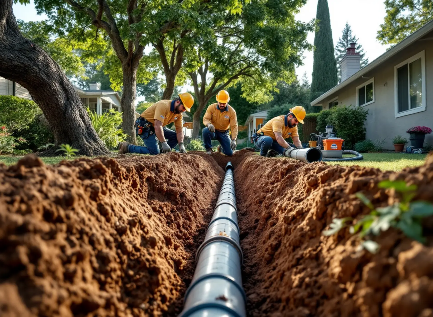 Technicians demonstrate pipe bursting vs pipe lining in a Sacramento residential backyard sewer repair.
