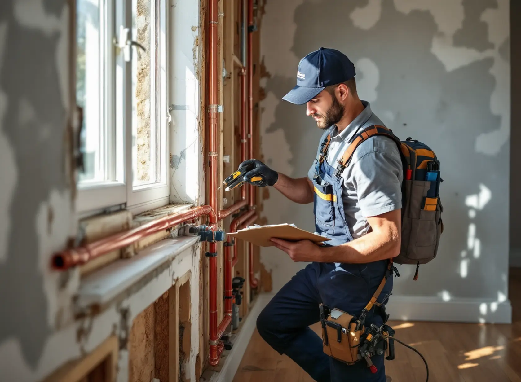 repiping-cost-in-sacramento-2026-pricing-guide-for-homeowners-featured-20260116-1518 Plumber installing PEX and copper pipes in Sacramento home with exposed walls during repiping project.