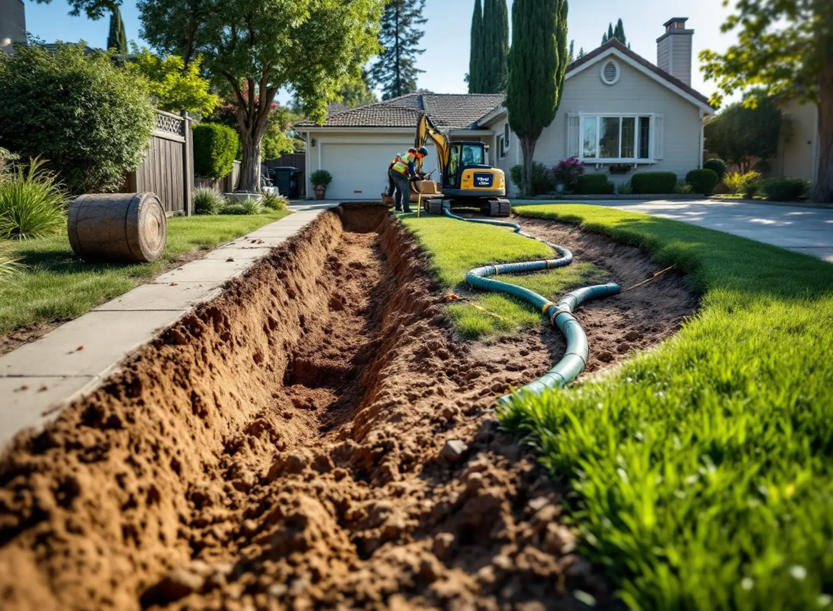 Traditional vs trenchless cost comparison shown by side-by-side sewer repair methods in a Sacramento yard.