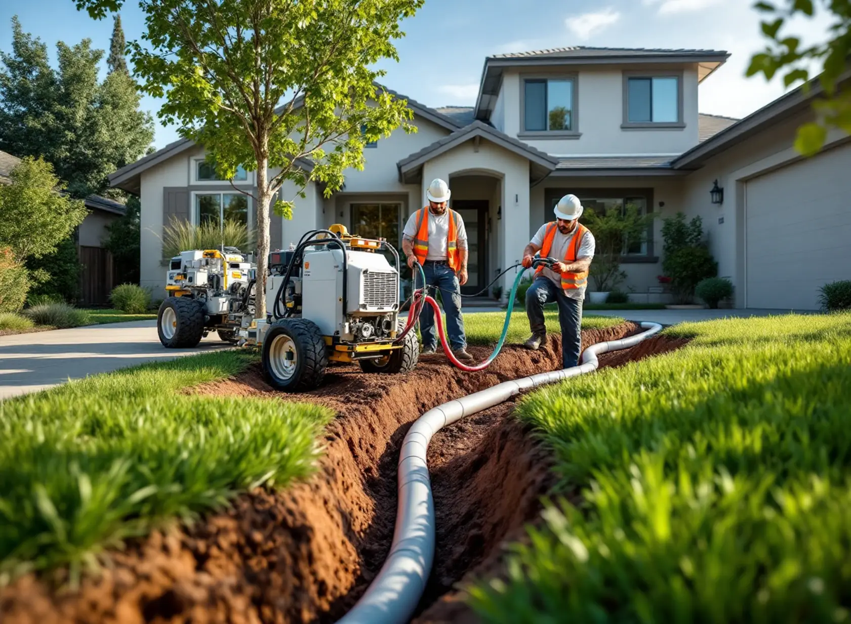 Crew performing trenchless water line replacement in a Sacramento yard with minimal digging.